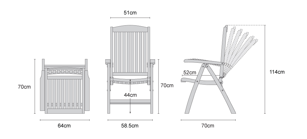 Cheltenham Teak Reclining Chair - Dimensions